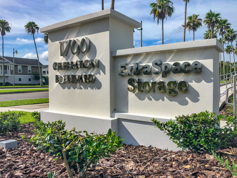 An exterior view of the street sign to the ExtraSpace Storage located in Celebration, FL