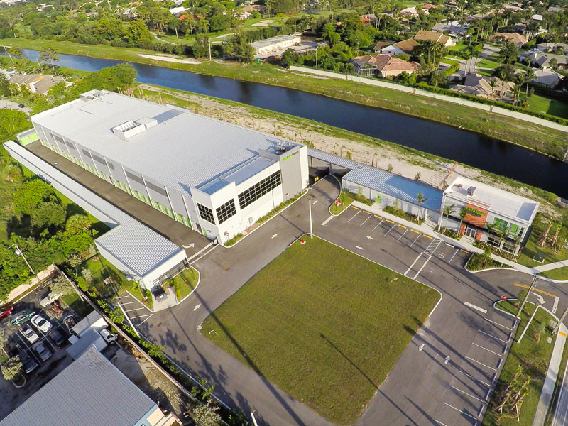 An aerial view of the Lakeworth ExtraSpace Storage facility located north of Miami in Atlantis, FL