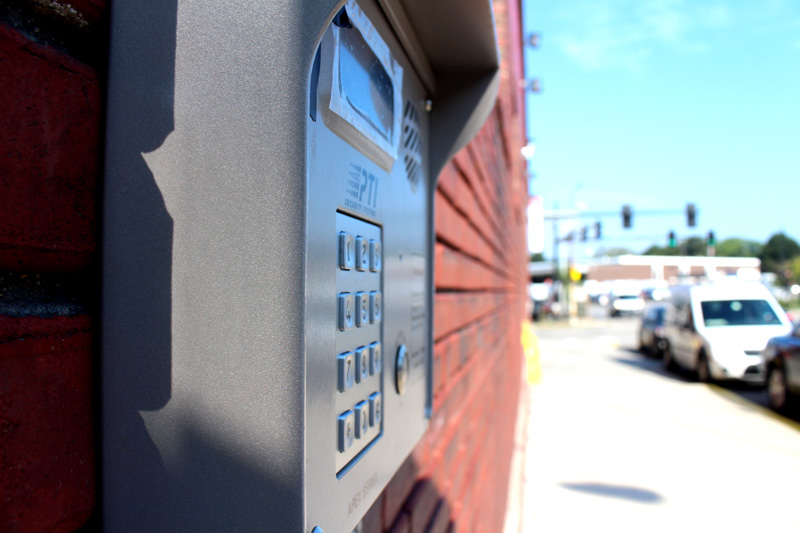 A street view of the security access keypad at the entrance of the Bakery Square CubeSmart located in Pittsburgh, PA