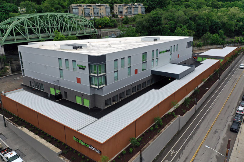 An aerial view of the Carson Street ExtraSpace Storage facility in Pittsburgh, PA