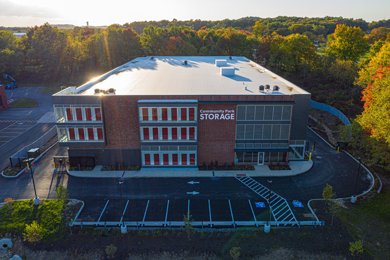 An aerial view of the Community Park Self Storage located in Cranberry Township, PA