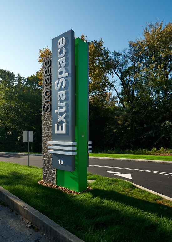 An afternoon view of the sign for ExtraSpace Storage in Glenolden, PA.